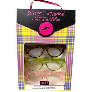 Betsey Johnson +2.00 Reading Glasses Readers 3 Pack Set Pink Green Multicolor